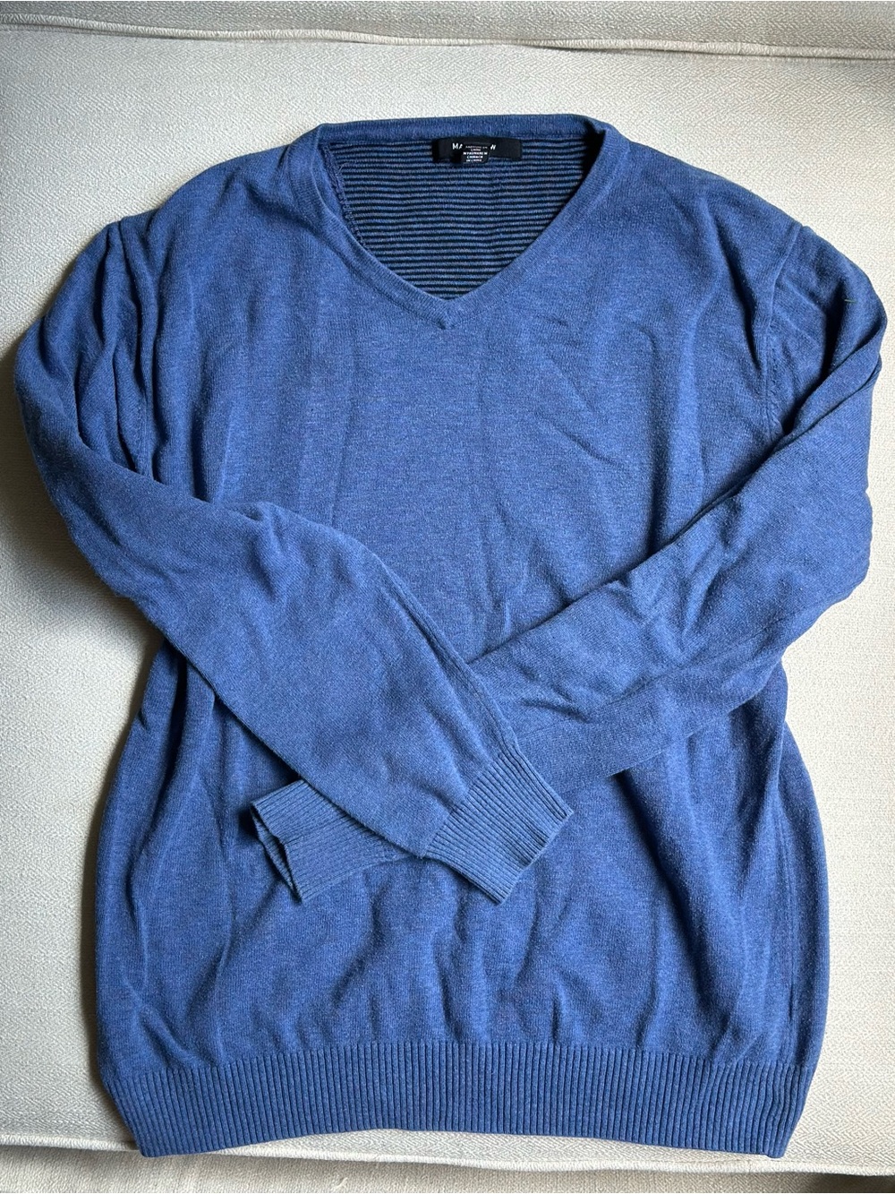 Mark Law 100% Cotton Knit Blue V-neck Long Sleeved Sweater